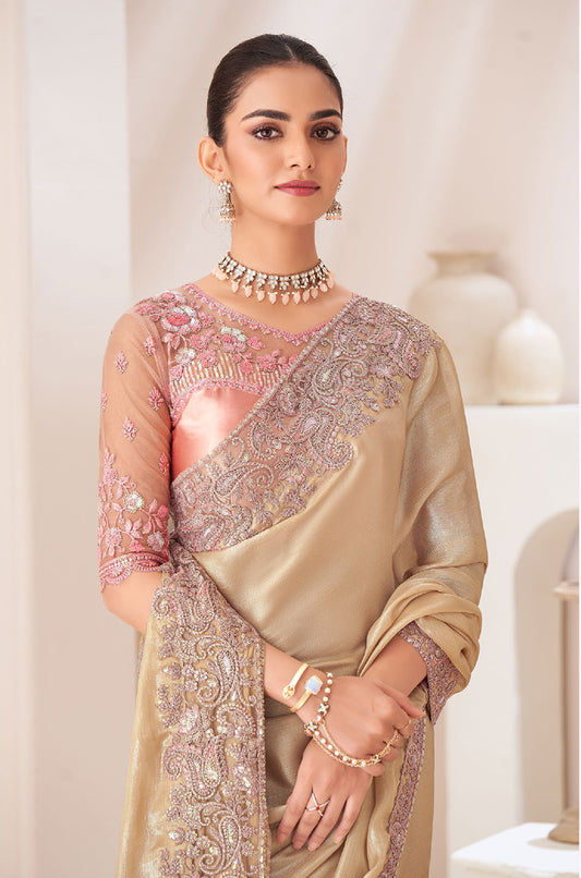 Beige Chiffon Satin Embroidered Saree