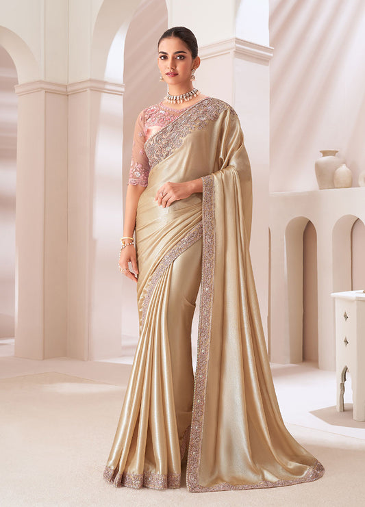 Beige Chiffon Satin Embroidered Saree