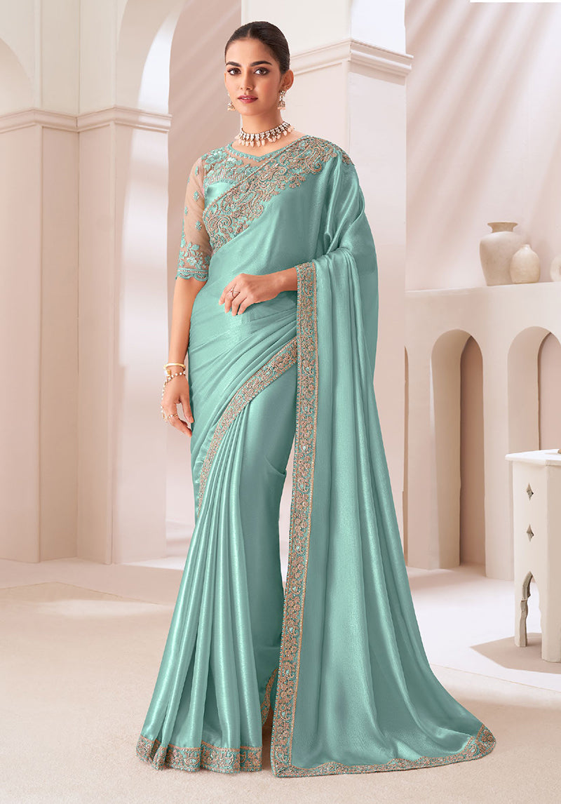 Turquoise Chiffon Satin Embroidered Work Saree