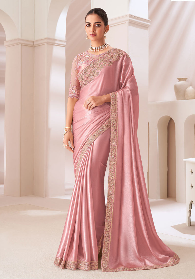Pink Chiffon Satin Embroidered Work Saree