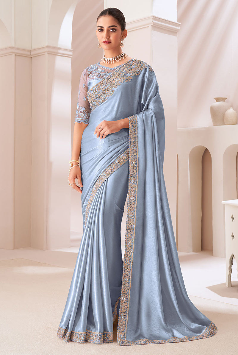 Grey Chiffon Satin Embroidered Work Saree
