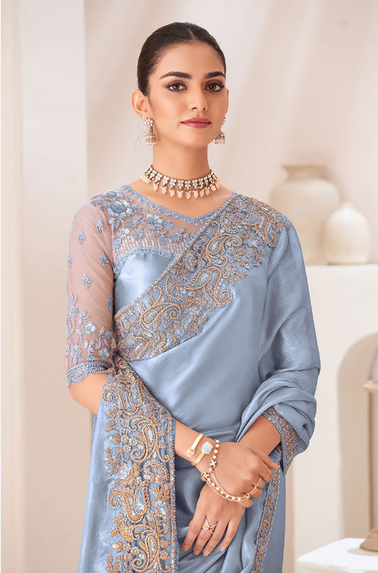 Grey Chiffon Satin Embroidered Work Saree