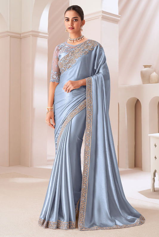 Grey Chiffon Satin Embroidered Work Saree