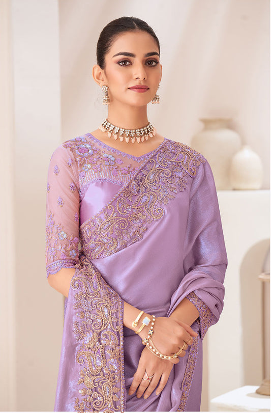 Lavender Chiffon Satin Embroidered Work Saree