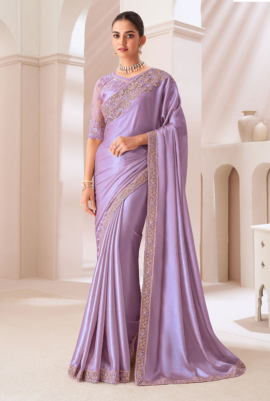 Lavender Chiffon Satin Embroidered Work Saree