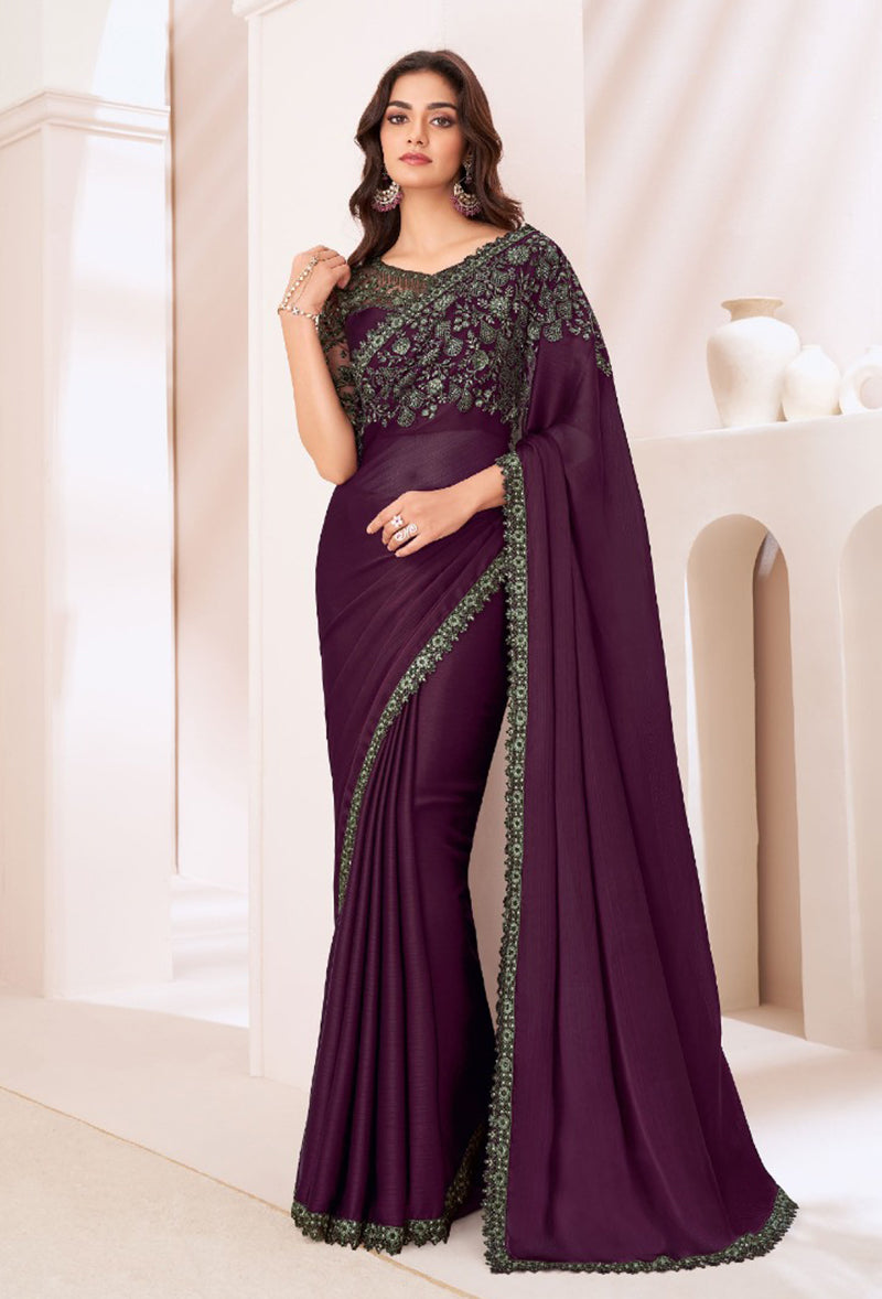 Wine Satin Chiffon Sequins Embroidered Patch Border Saree
