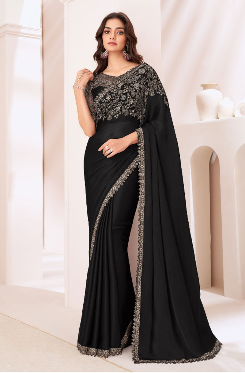 Black Chiffon Satin Sequins Embroidered Patch Border Saree