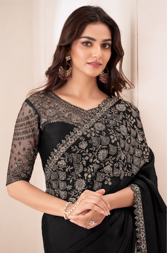 Black Chiffon Satin Sequins Embroidered Patch Border Saree