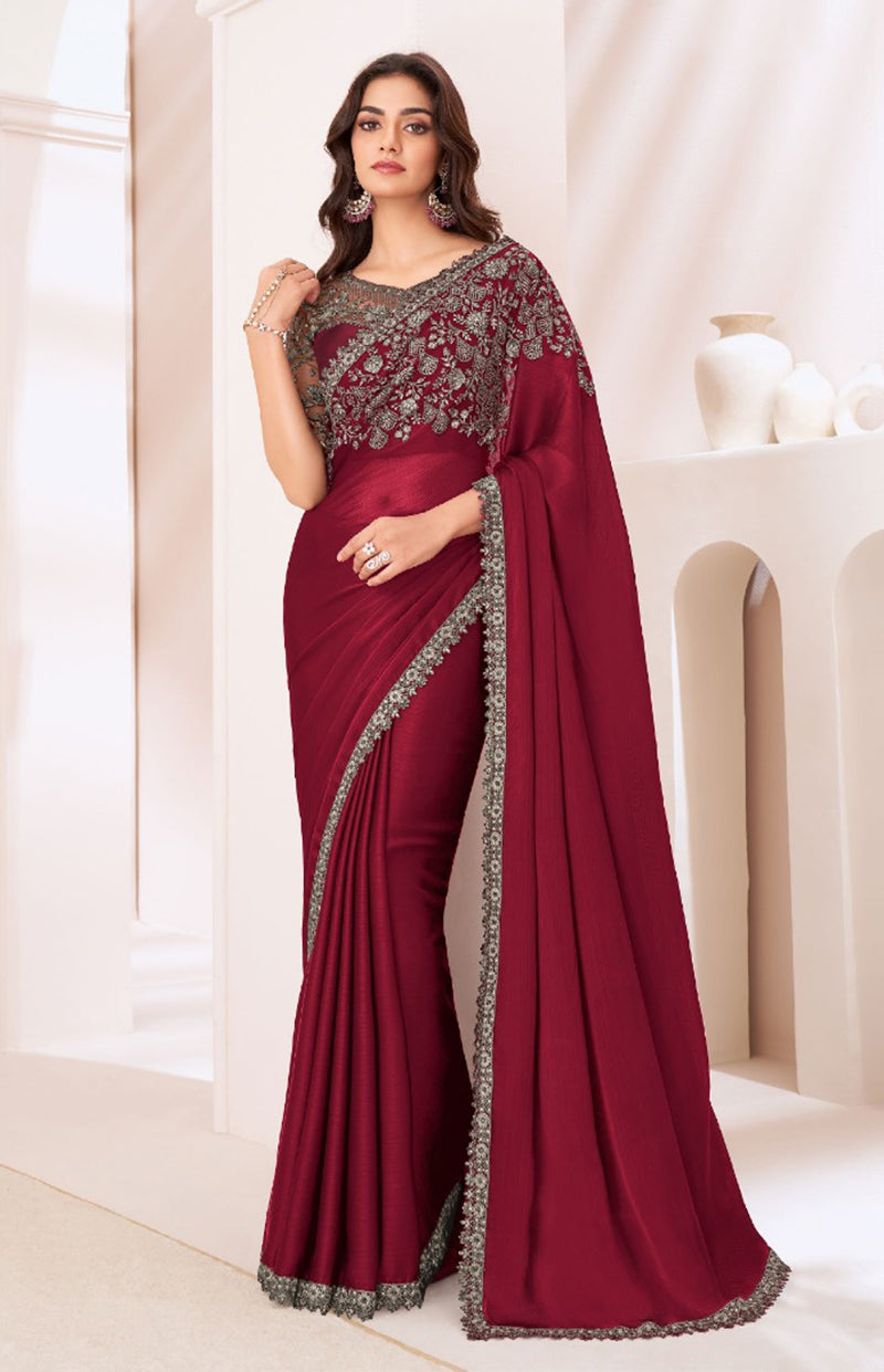 Maroon Chiffon Satin Sequins Embroidered Patch Border Saree