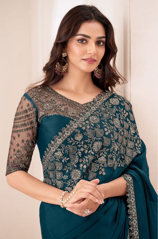 Dark Teal Chiffon Satin Sequins Embroidered Patch Border Saree
