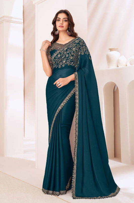 Dark Teal Chiffon Satin Sequins Embroidered Patch Border Saree