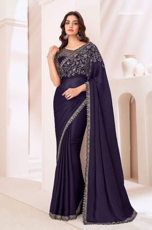 Dark Purple Chiffon Satin Sequins Embroidered Patch Border Saree