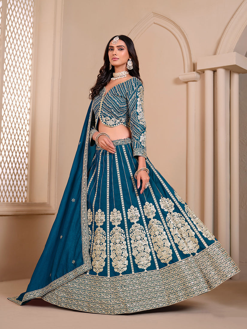 Teal Shimmar Art Silk Embroidered Unique Lehenga Choli