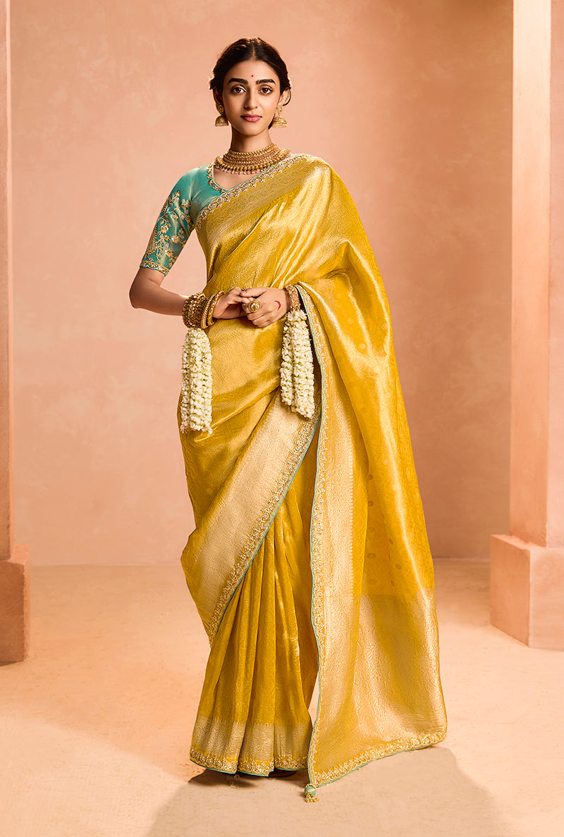 Yellow Tissue Silk Embroidery Weaving Work Wedding Saree