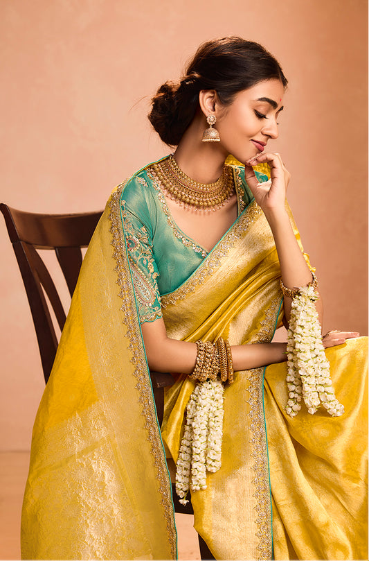 Yellow Tissue Silk Embroidery Weaving Work Wedding Saree