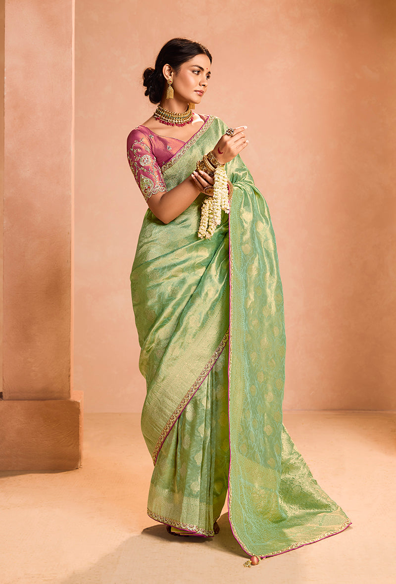 Light Green Tissue Silk Embroidery Weaving Work Wedding Saree