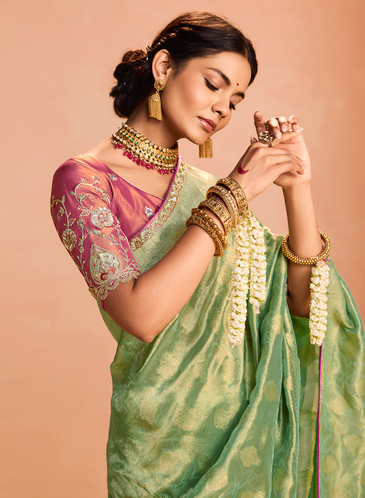 Light Green Tissue Silk Embroidery Weaving Work Wedding Saree