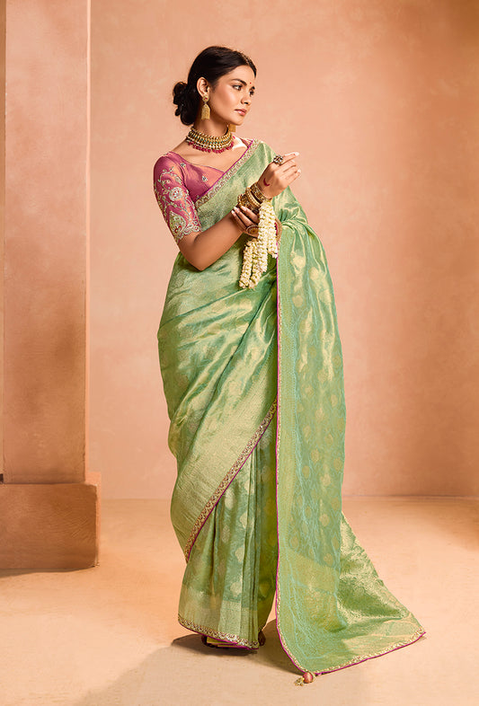 Light Green Tissue Silk Embroidery Weaving Work Wedding Saree