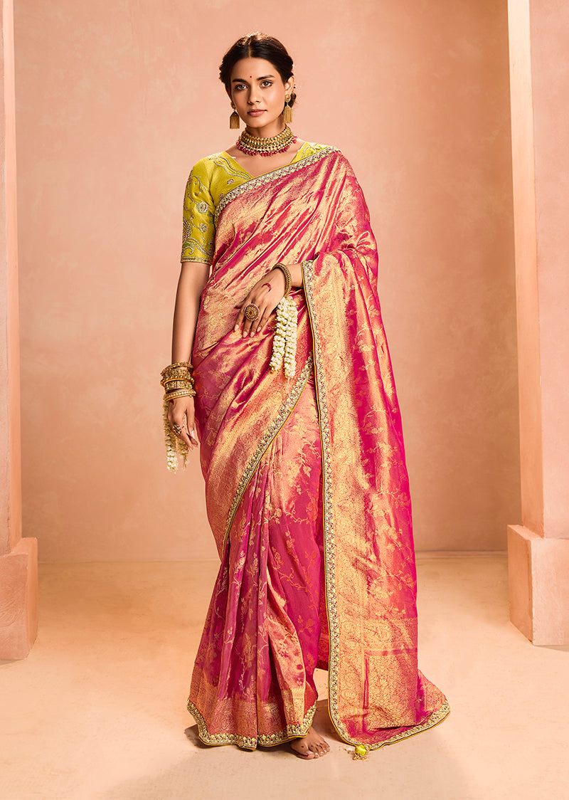 Rani Pink Tissue Silk Embroidery Weaving Work Wedding Saree