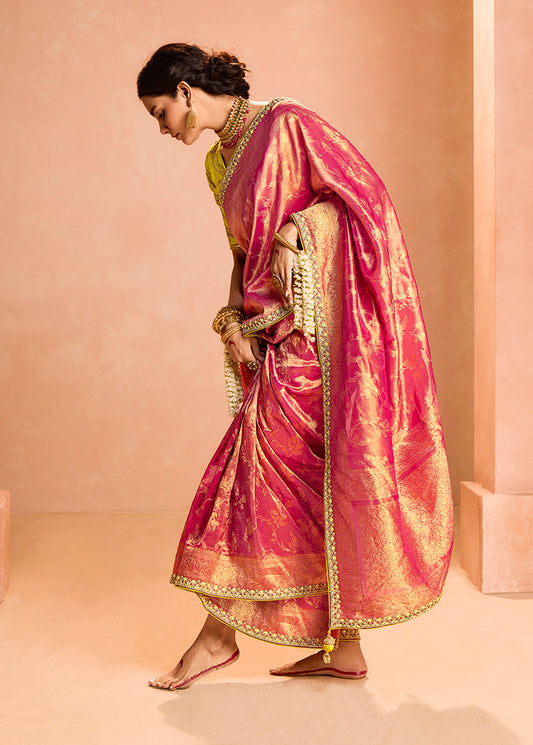 Rani Pink Tissue Silk Embroidery Weaving Work Wedding Saree