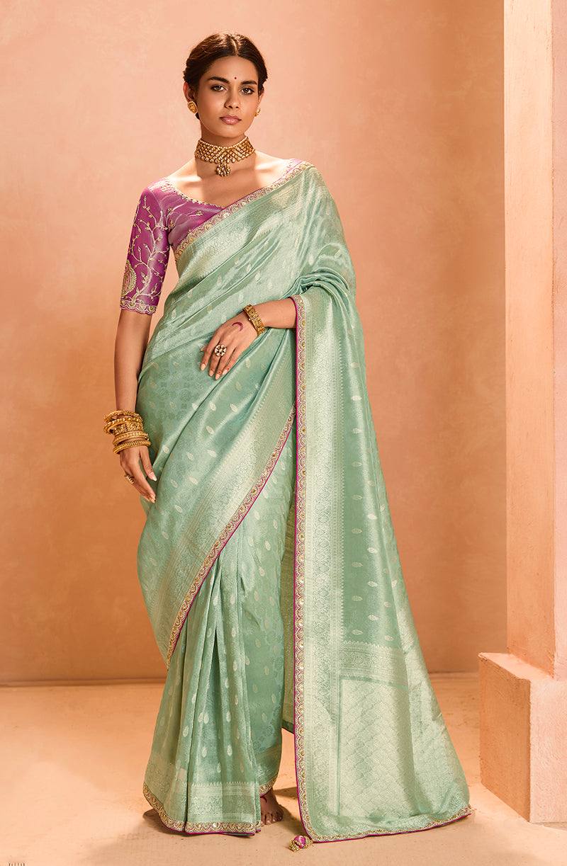 Sea Green Tissue Silk Embroidery Weaving Work Wedding Saree