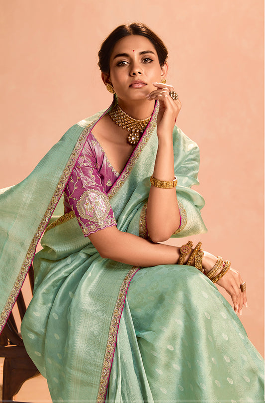 Sea Green Tissue Silk Embroidery Weaving Work Wedding Saree