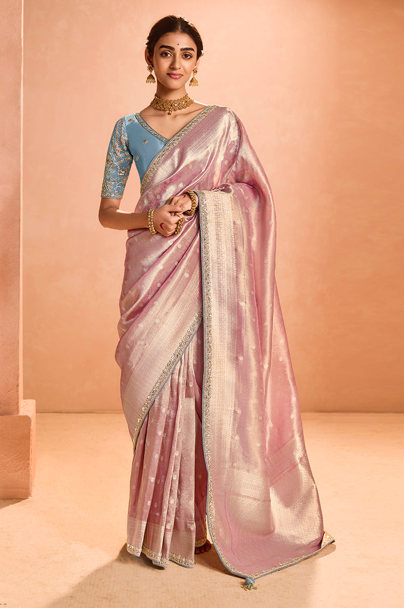 Dusty Rose Pink Tissue Silk Embroidery Weaving Work Wedding Saree