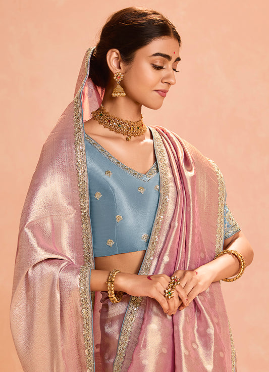 Dusty Rose Pink Tissue Silk Embroidery Weaving Work Wedding Saree