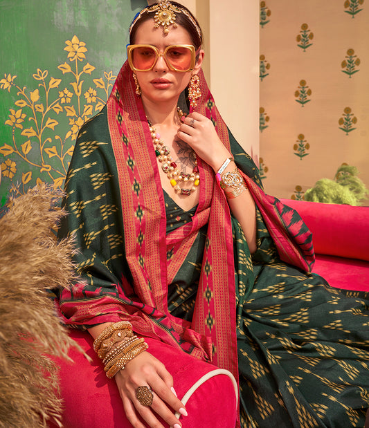 Green Silk Ethnic Print Work Saree