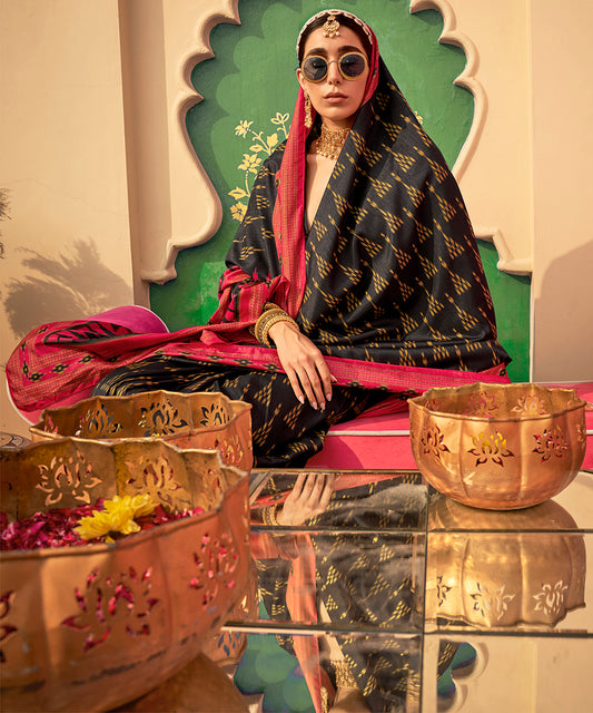 Black Silk Ethnic Print Work Saree
