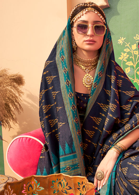Navy Blue Silk Ethnic Print Work Saree