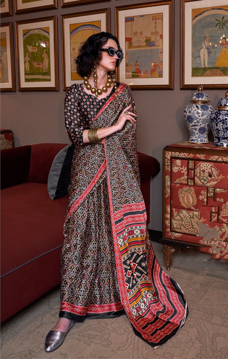 Black Everyday Patola Print Satin Saree