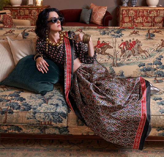 Black Everyday Patola Print Satin Saree