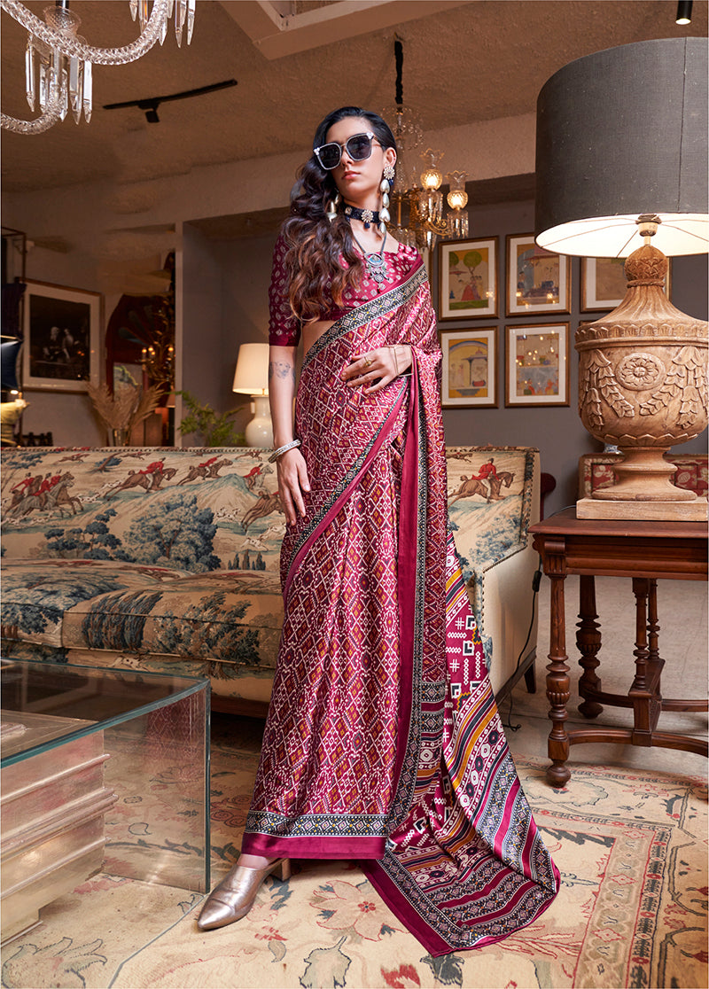 Maroon Everyday Patola Print Satin Saree