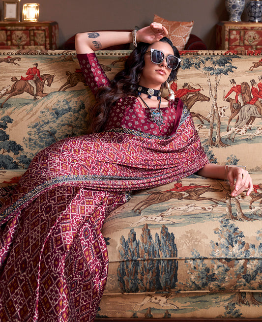Maroon Everyday Patola Print Satin Saree