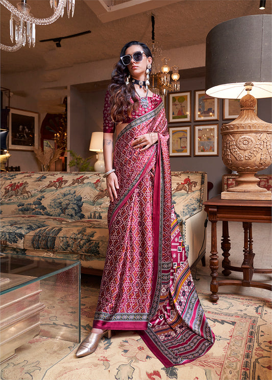 Maroon Everyday Patola Print Satin Saree