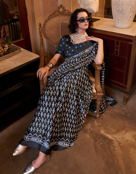 Black Everyday Traditional Print Satin Saree