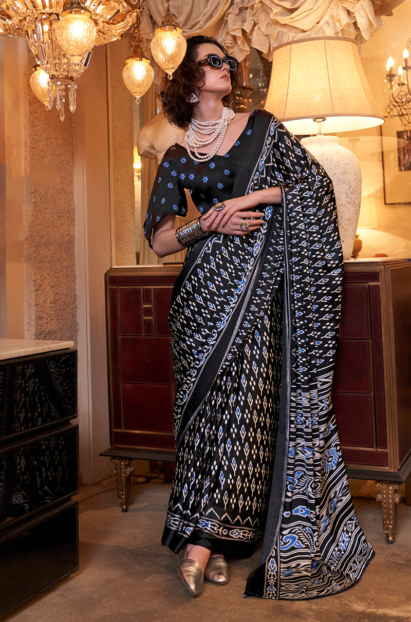 Black Everyday Traditional Print Satin Saree
