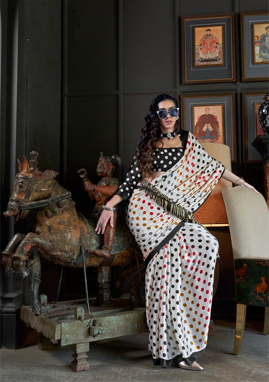White & Black Everyday Polka Dot Print Satin Saree