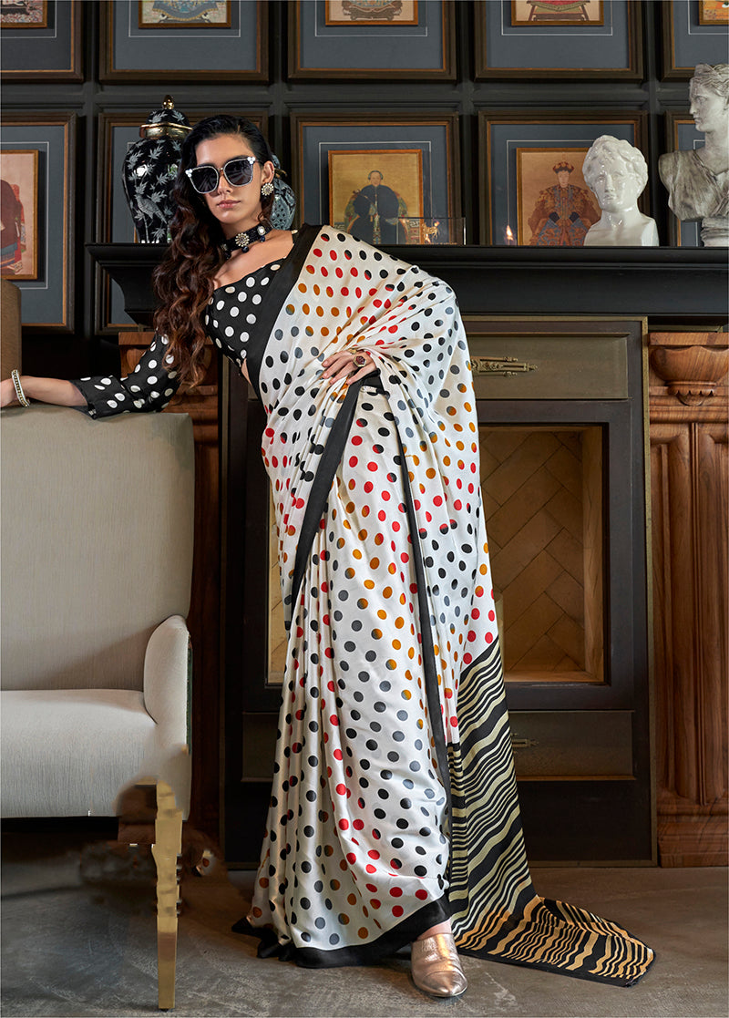 White & Black Everyday Polka Dot Print Satin Saree