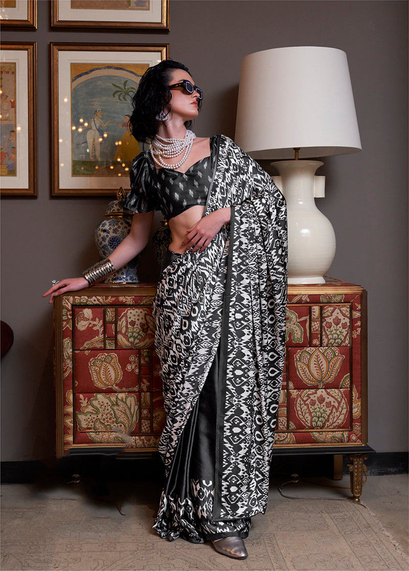Black Everyday Ikkat Print Satin Saree