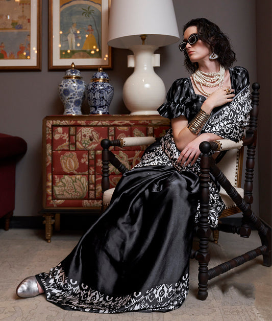 Black Everyday Ikkat Print Satin Saree