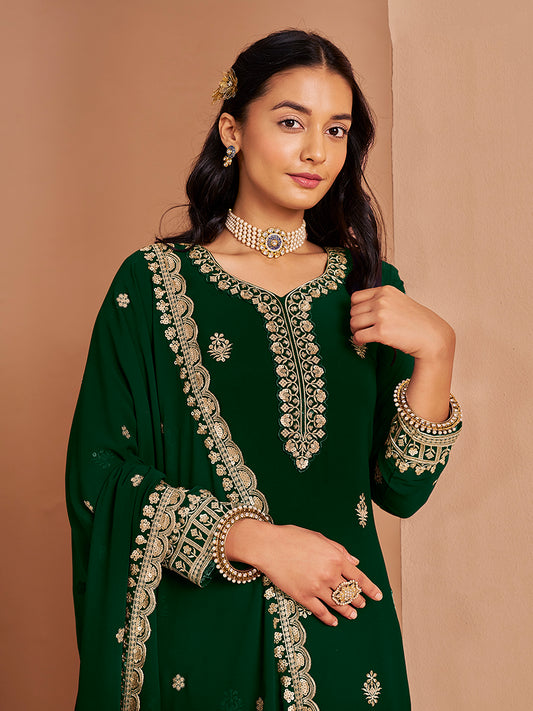 Dark Green Faux Georgette Embroidered Palazzo Dupatta Set