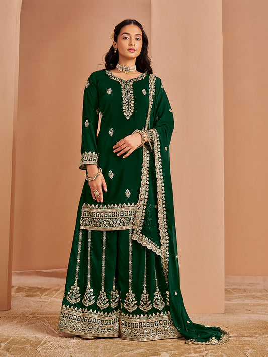 Dark Green Faux Georgette Embroidered Palazzo Dupatta Set