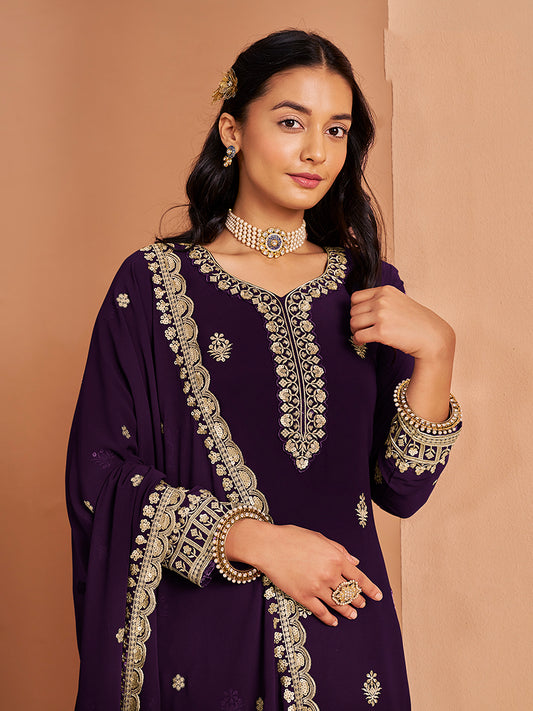 Purple Faux Georgette Embroidered Palazzo Dupatta Set