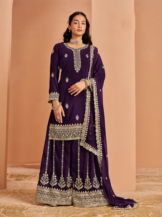 Purple Faux Georgette Embroidered Palazzo Dupatta Set