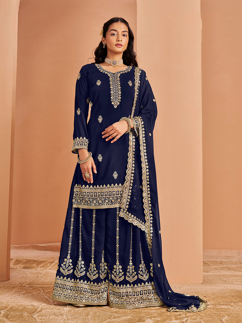 Navy blue Faux Georgette Embroidered Palazzo Dupatta Set