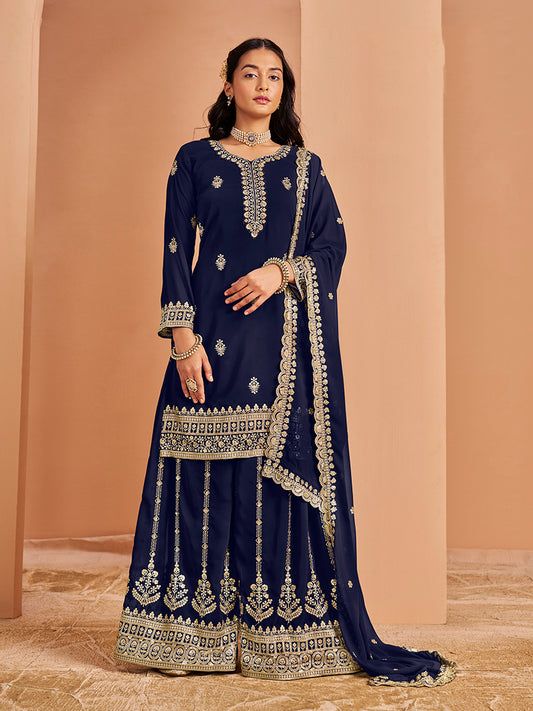 Navy blue Faux Georgette Embroidered Palazzo Dupatta Set