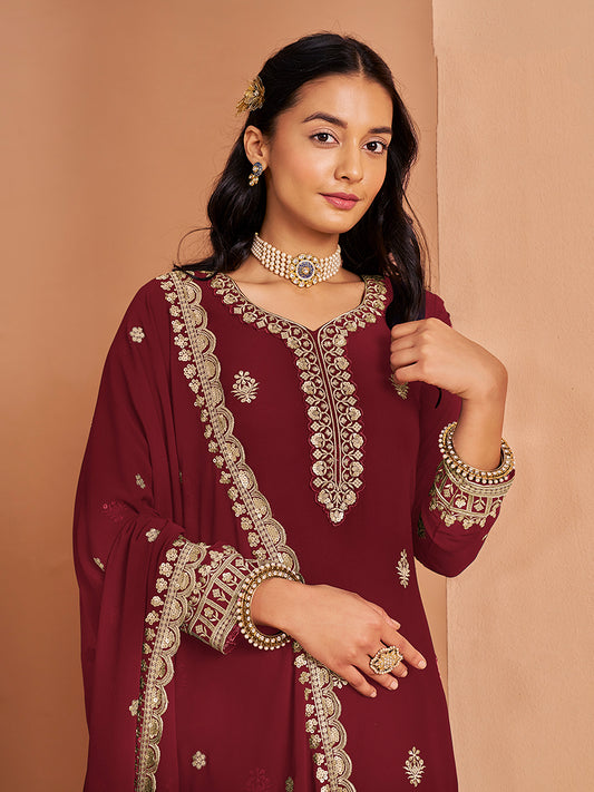 Maroon Faux Georgette Embroidered Palazzo Dupatta Set