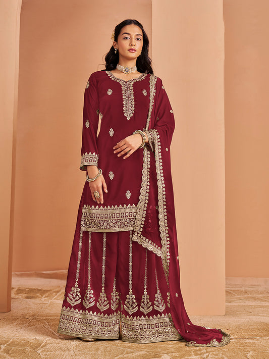 Maroon Faux Georgette Embroidered Palazzo Dupatta Set